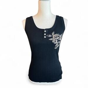 Y2K black rhinestone tank top bling roses and heart biker motorcycle casual